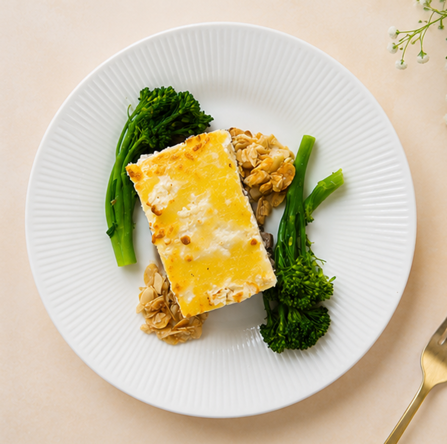Ricotta and Mushroom Parmesan Lasagna with Blanched Broccollini