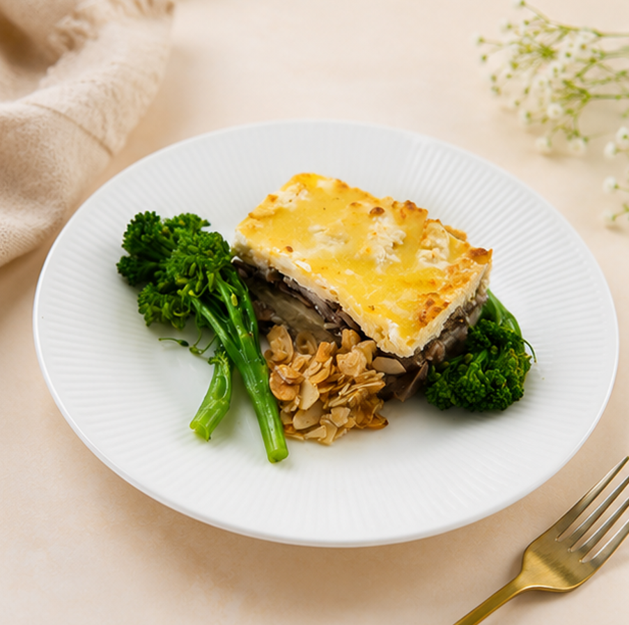 Ricotta and Mushroom Parmesan Lasagna with Blanched Broccollini