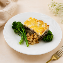 Soft Bake Ricotta and Mushroom Lasagna with Broccolini and Almond Topping