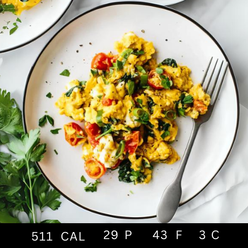 Creamy Free Range scrambled eggs with sautéed Mushroom, Spinach and Cherry Tomatoes (Breakfast) (Gluten-free)