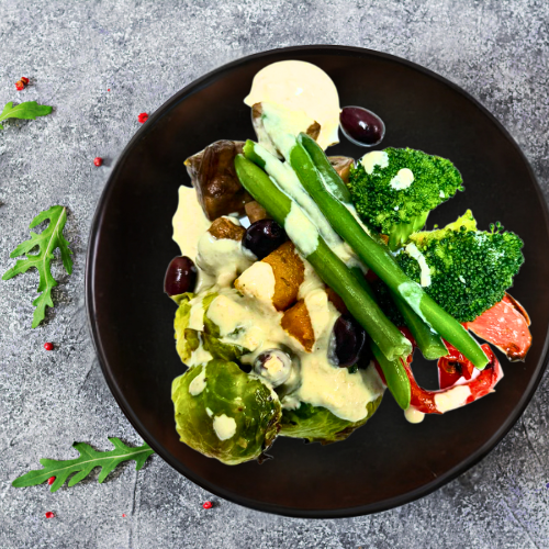 Roast Vegetables with Arugula, Green Beans and Basil Hummus (Gluten-free)