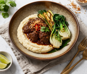 Beef Rendang, Charred Zucchini, Garlic Bokchoy, and Cauliflower Mash
