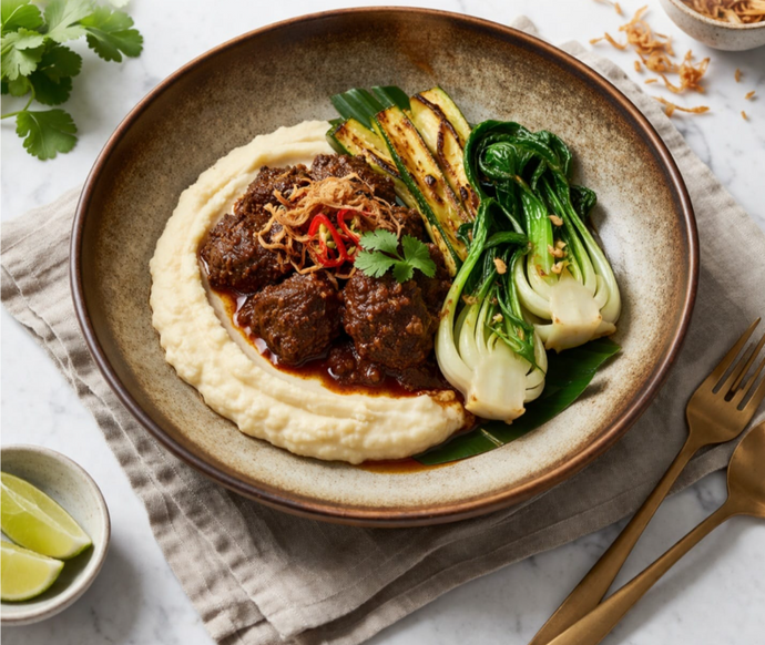 Beef Rendang, Charred Zucchini, Garlic Bokchoy, and Cauliflower Mash (Gluten-free)