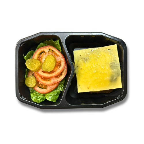 Caramalised Onion Burger with Romain, Tomato, Cheese Slice and Aioli