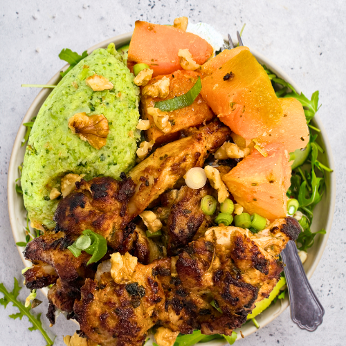 Greek Spiced Chicken with Cauliflower & Broccoli Skordalia