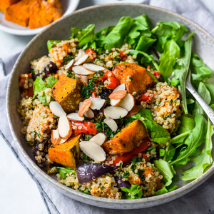 Keto Vitality Salad Roast Pumpkin and Cauliflower Salad with Spinach, Green Beans and Crumbled Feta Cheese (Gluten-free)