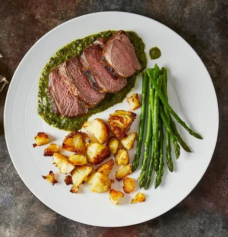 Lamb Rump with Roast Potatoes, Blanched Broccoli & Pickled Radish