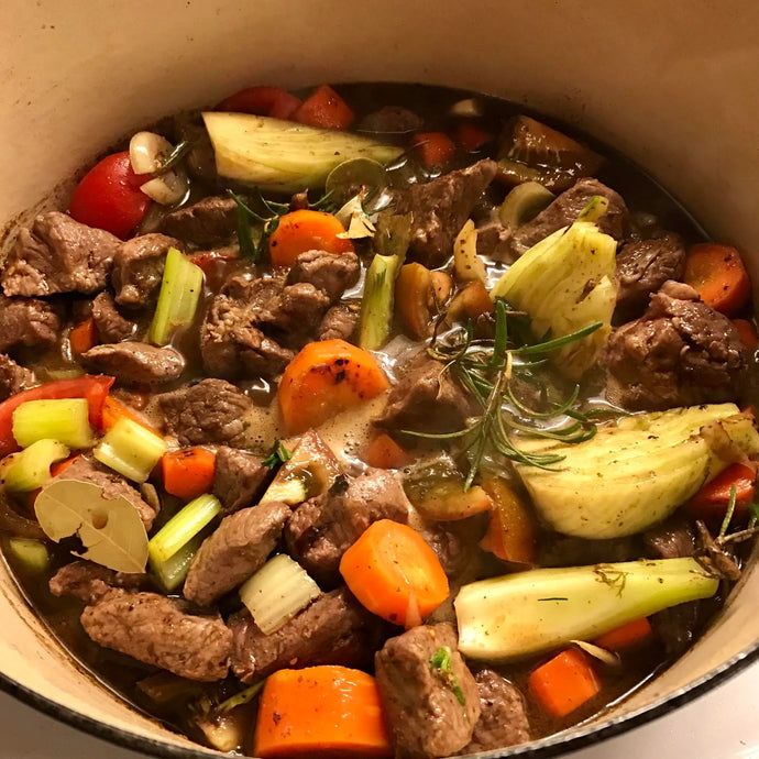 Lamb Stew with Roast Potatoes, Blanched Broccoli & Charred Eggplant