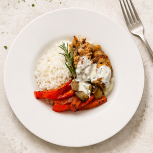 Chicken Souvlaki, Roasted Eggplant and Capsicum, Jasmin Rice, Yoghurt Dip (Organic)
