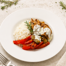 Chicken Souvlaki, Roasted Eggplant and Capsicum, Jasmin Rice, Yoghurt Dip (Organic)