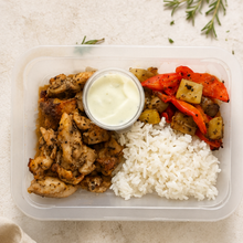 Chicken Souvlaki, Roasted Eggplant and Capsicum, Jasmin Rice, Yoghurt Dip (Organic)