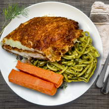 Crumbed Chicken Breast Parmigiana with Lime Chilli Pesto Spaghetti and Sweet Potatoes (Gluten-free)