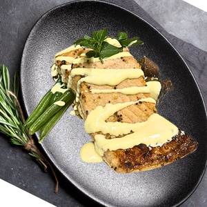 Baked Salmon with Creamy Potato Mash, Beans with Hollandaise Sauce