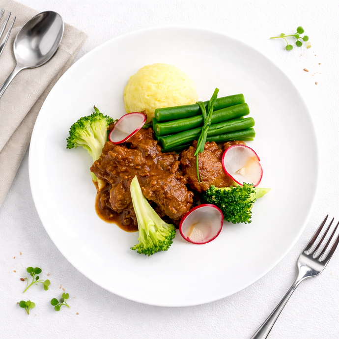 Beef Bourguignon, Potato Mash, Green Beans, and Broccoli