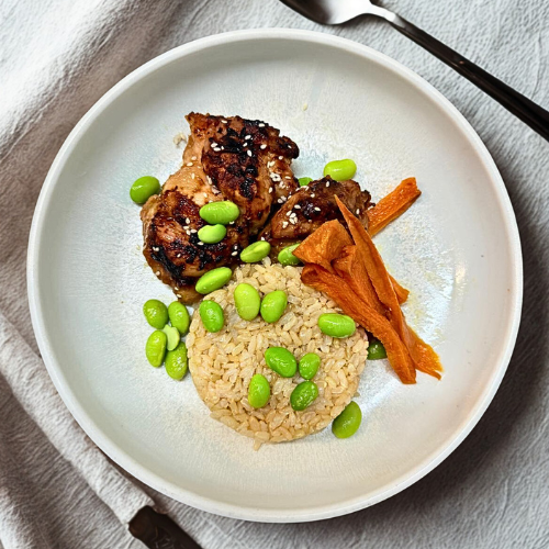 Miso Glazed Chicken Drumstick Fillet with Brown Rice, Edamame, and Sweet Potatoes (NDIS)