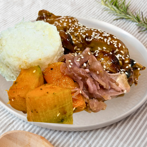 Teriyaki Chicken with White Rice, Stir-Fried Veggies & Edamame Pods 350g