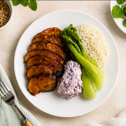 Char Siu Pork, Jasmine Rice, Garlic Bok Choy, Coleslaw (Organic)