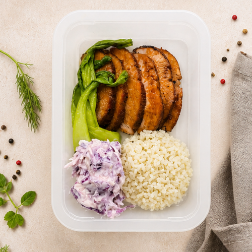 Char Siu Pork, Jasmine Rice, Garlic Bok Choy, Coleslaw (Organic)