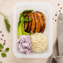 Char Siu Pork, Jasmine Rice, Garlic Bok Choy, Coleslaw (Organic)
