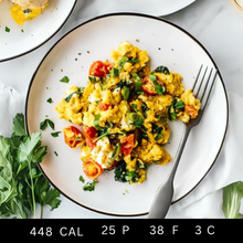 Creamy Free Range Scrambled Eggs with Sautéed Veggies and Cherry Tomatoes (Gluten-free)