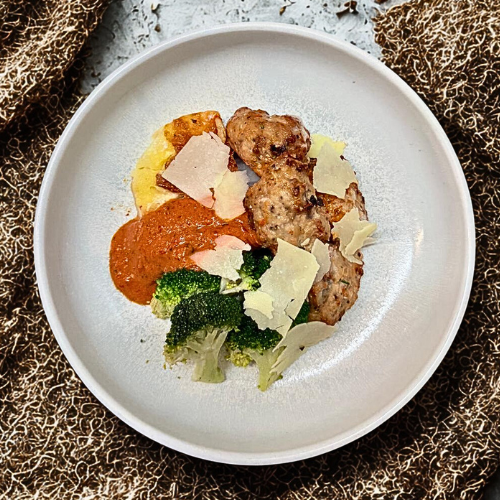 Italian Chicken Meatballs with Potatoes au Gratin and Broccoli