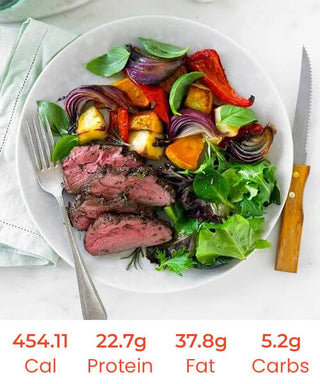Pan Seared Lamb Rump with Roasted Vegetables and Pink Peppercorn Sauce