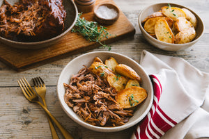 Pulled Pork with Roast Potatoes, Blanched Bok Choy & Sriracha Cauli