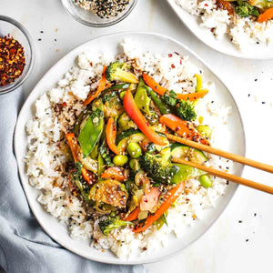 Teriyaki Chicken with White Rice, Stir-Fried Veggies & Edamame Pods