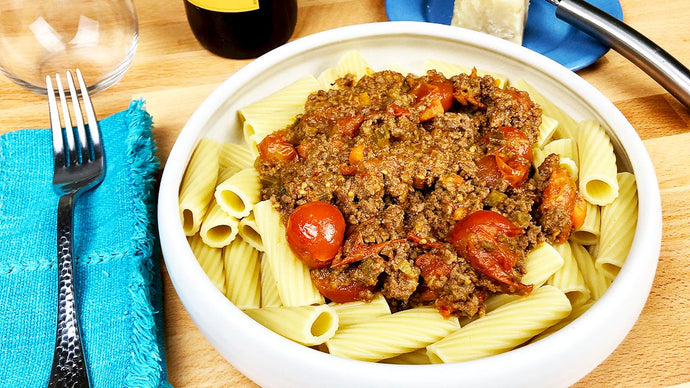 Beef Bolognese with Pasta, Grated Parmesan & Roasted Cherry Tomatoes