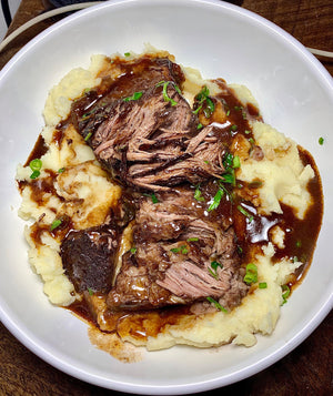 Braised Brisket with Sweet Potato Mash, Brussels Sprouts & Sautéed Mushrooms