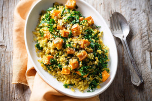 Salmon with Quinoa Salad, Wilted Kale & Roast Pumpkin