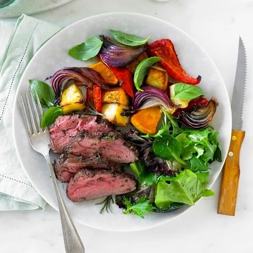 Pan Seared Lamb Rump with Roasted Vegetables and Pink Peppercorn Sauce 350g (Gluten-free)