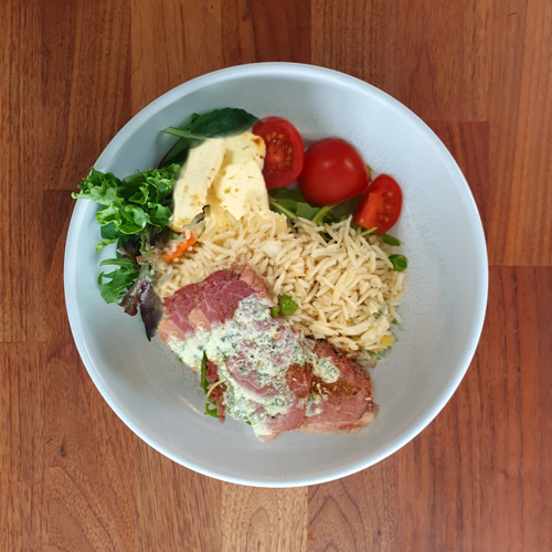 Dukkah and Cumin Corned Beef with Vegetable Fried Rice, Grilled Halloumi & Mint Yoghurt (NDIS)