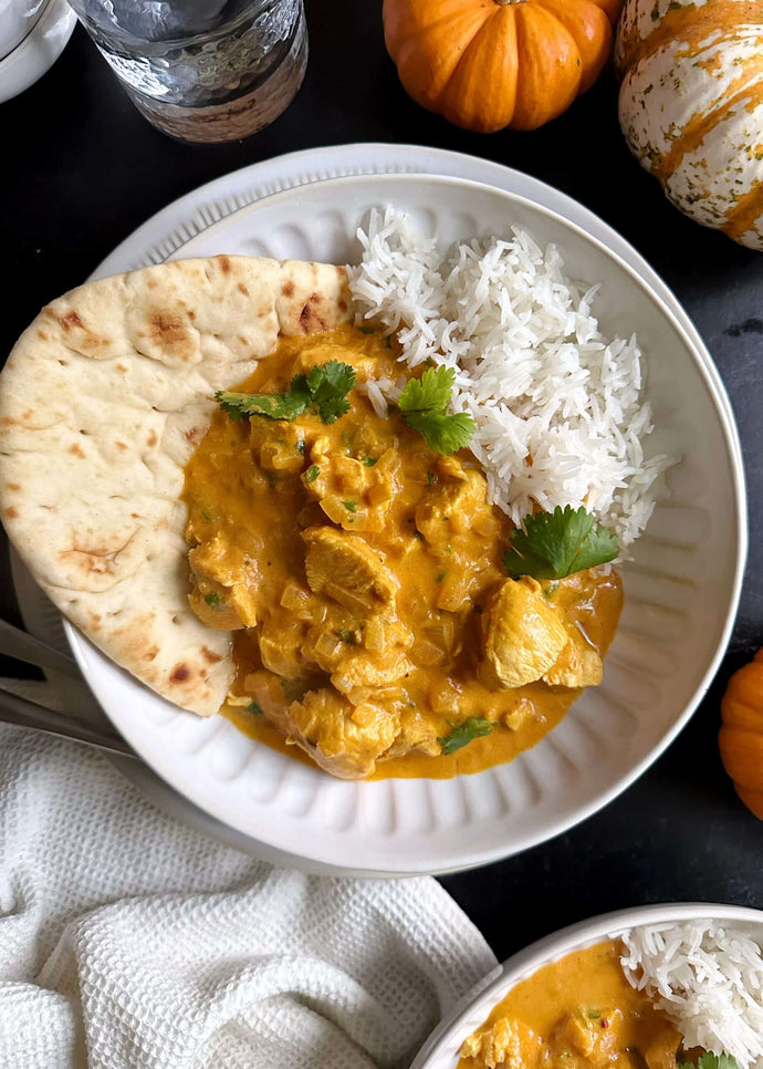 Chicken Tikka Masala with Brown Rice, Blanched Beans & Roasted Pumpkin