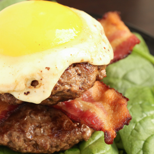 Bacon and Burger Bowl, Fried Egg, Tomato, Pickles and Aioli