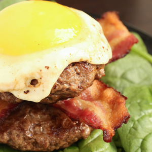 Bacon and Burger Bowl, Fried Egg, Tomato, Pickles and Aioli