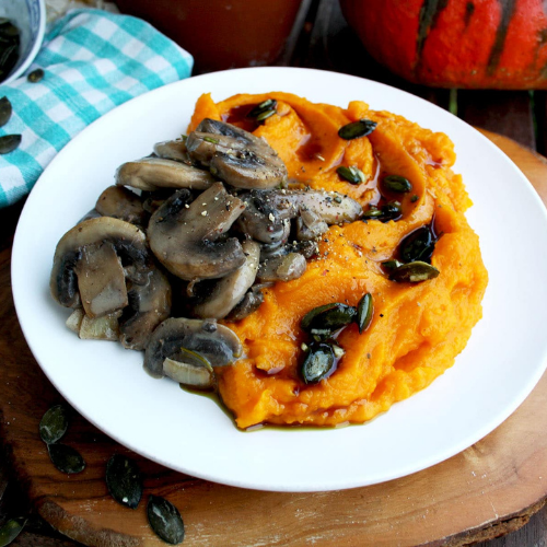 Buttered Mushrooms with Garlic Beans and Buttery Pumpkin Puree