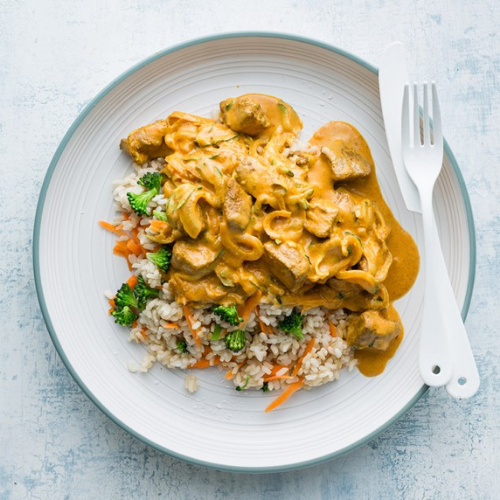 Free Range Butter Chicken with Stir-fried Broccoli Rice, Onions, and Capsicums
