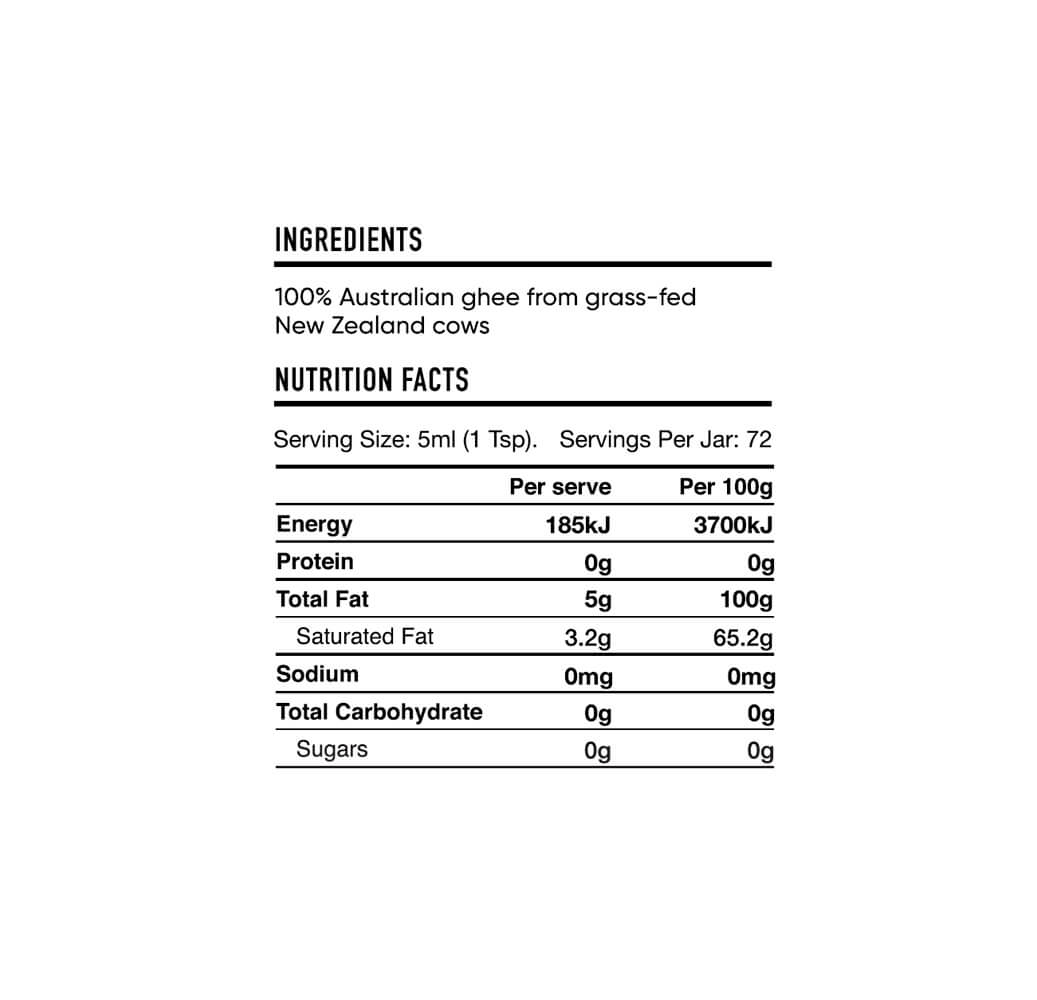 Nutritional Information - Organic Grass Fed Ghee - 360ml