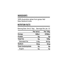 Nutritional Information - Organic Grass Fed Ghee - 360ml