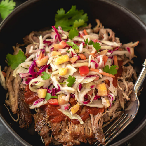 BBQ Pulled Pork with Roast Potatoes, Coleslaw & Blanched Broccoli 350g