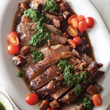 Slow Cooked Braised Beef Brisket with Chimichurri, Arugula, Green Beans and Cherry Tomatoes