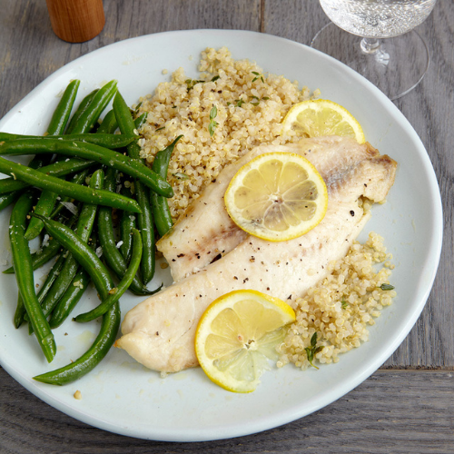 Puerto Rican Lemon Coconut Fish with Cauliflower Salad, Green Beans and Roast Fennel