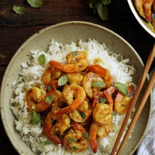 Curried Laksa Prawns with Basmati Rice & Crispy Tempeh (Organic)