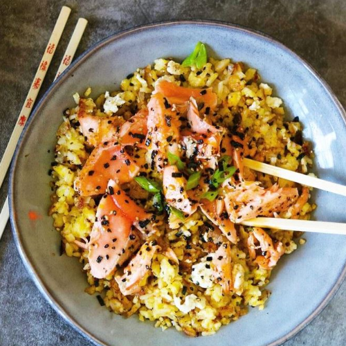 Furikake Smoked Salmon Poke Bowl with Cauliflower Rice