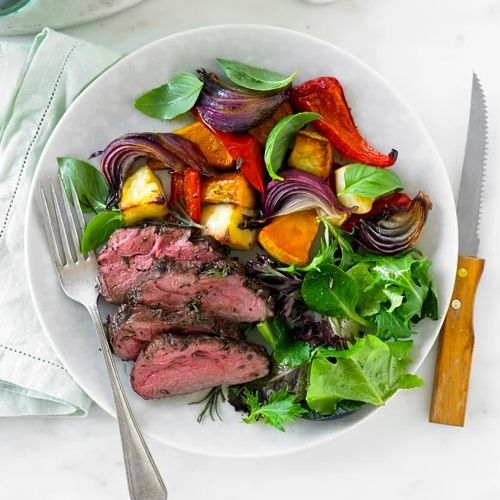 Pan Seared Lamb Rump with Roasted Vegetables and Pink Peppercorn Sauce 400g